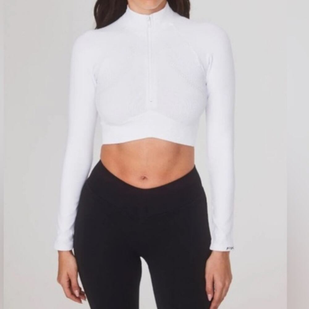Joja NEW Exhale Long Sleeve Ribbed Cropped Zipper Mockneck Athletic Top XS Luna